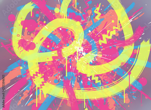Vibrant abstract expressionist paint splatters with energetic brushstrokes and zigzags in neon colors
