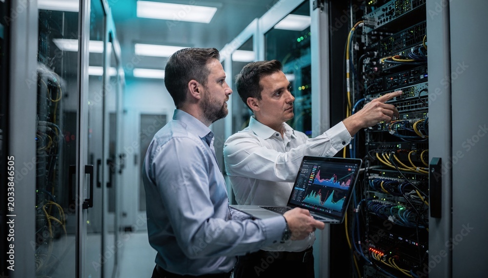 Fototapeta premium Two IT professionals collaborate in a data center, one pointing at server racks while the other holds a laptop displaying network performance graphs, conveying teamwork and technical expertise in a mo