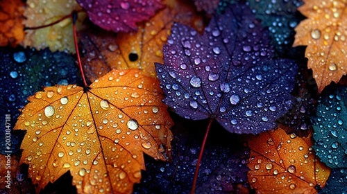 Commercial overhead fall leaves water droplet close-up, pink purple gold orange tones, visible veins filling frame.