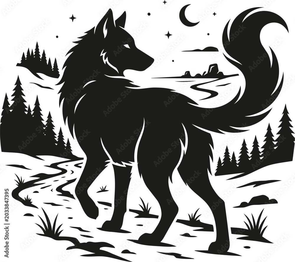 Obraz premium Black wolf silhouette looking back with a raised fluffy tail in a graphic stencil style illustration.