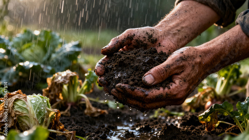 POV close up of calloused farmer hands catching heavy raindrops covered in dark wet mud agricultural relief.