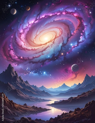 Vibrant galaxy over majestic mountain landscape with serene lake