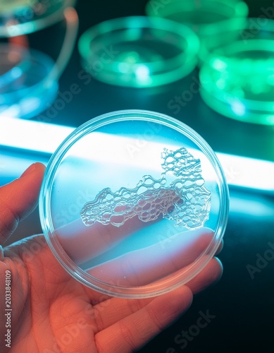 Microbial Colony Growth on Petri Dish: A scientist's hand holds a petri dish showcasing a vibrant microbial colony, illuminated by the cool blue light of a laboratory setting.