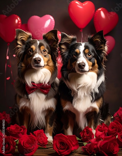 Two dogs with heart balloons and roses