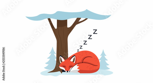 Foto A sleeping fox curls up next to a snow-covered tree in a winter forest