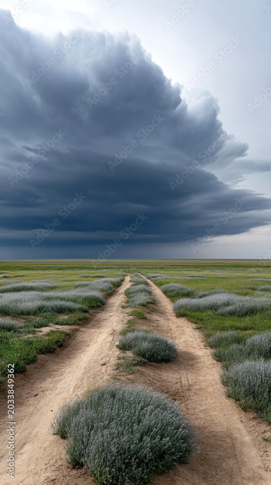 Fototapeta premium Dirt road steppe dramatic sky storm cloud green grass bush landscape horizon nature cloudy