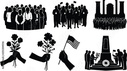 Schilderij op canvas People silhouette illustration vector at monument with flowers and flag