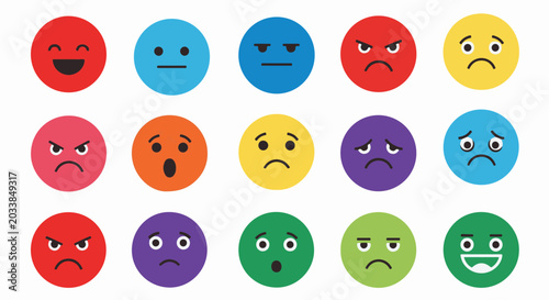 Schilderij op canvas Fifteen circular emoticons displaying various emotions on a white background