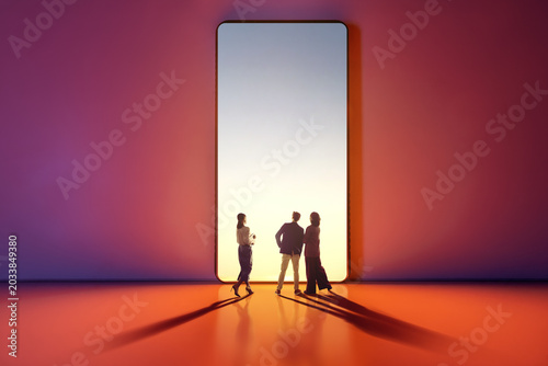 Business People Entering Digital World Through Giant Smartphone Gateway, Futuristic Technology Concept
