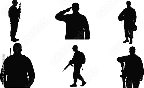 Foto Soldiers silhouettes illustration vector with rifles and salute poses