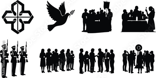 Symbolic silhouette illustrations peace dove, formal gathering, and procession.