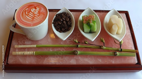 Aerial latte art with coffee bean clusters, leafy twigs, empty dishes, and folded napkin around white cup on light pink stone board. 