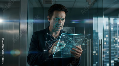 Futuristic Businessman Interacting with Digital Data Interface