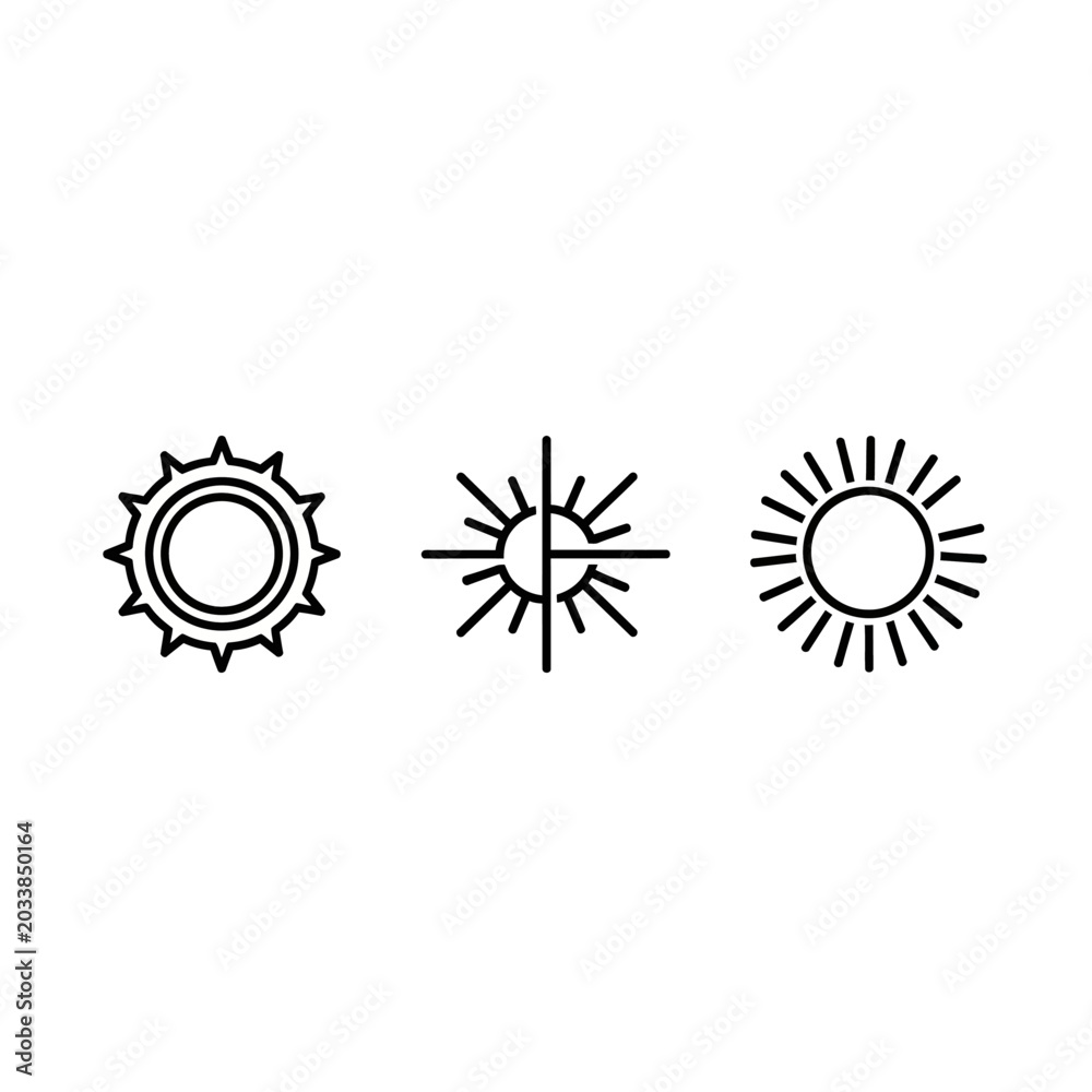 Fototapeta premium Three unique stylized sun iconography designs outline.