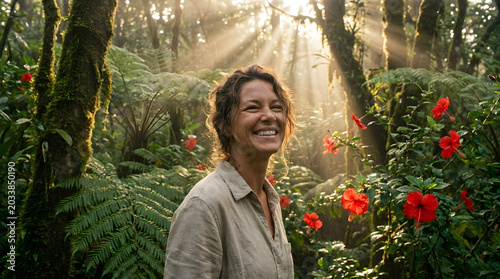 Happy Woman Smiling in Tropical Jungle Sunlight