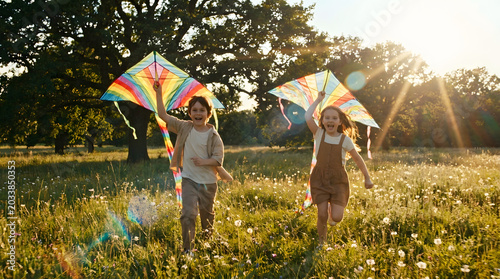 Children Flying Colorful Kites in a Sunny Meadow