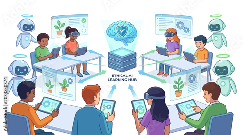 Children and young adults learning about ethical AI in a futuristic classroom setting with robots and holographic displays.