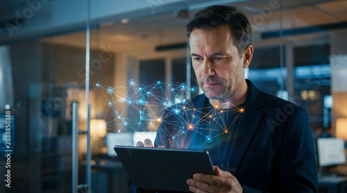 Businessman Using Digital Tablet with Futuristic Data Network Overlay