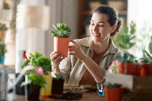 Obraz na plátně Smiling Woman Enjoying Indoor Gardening with Houseplants in Brig