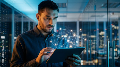 Business Man Using Tablet with Digital Network in Data Center