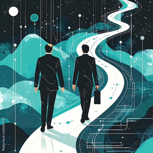 Two suited men walk on a winding white path through a futuristic abstract landscape