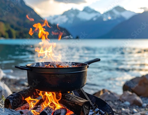 Campfire burning in metal bucket by lake at dusk.