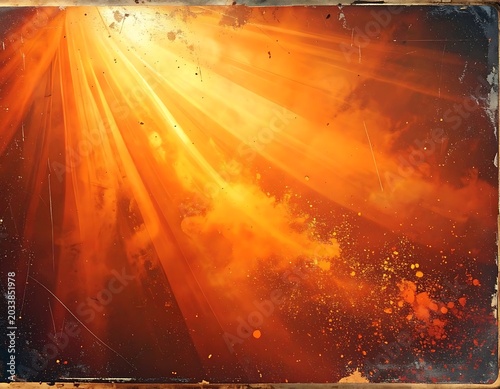 Vibrant orange abstract artwork with radiant beams and splatters