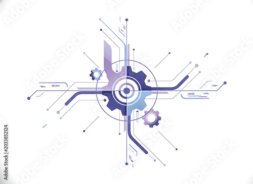 Abstract digital circuitry and gears with gradient lighting symbolizing innovation and technology