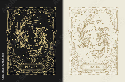 Pisces zodiac fish yin yang engraving line art gold esoteric illustration