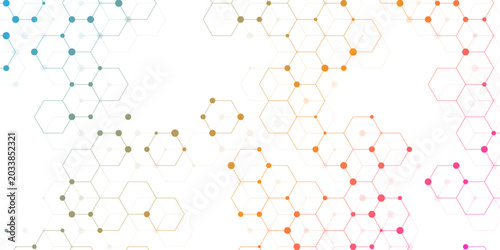 Molecular structure abstract tech background. Geometric white background. Vector banner design with hexagons. Science network pattern, connecting lines and dots Medical background, Vector illustration