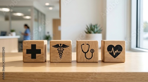 Four wooden blocks with medical symbols representing health and wellness displayed on a desk
