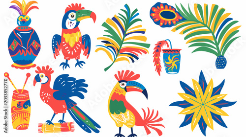 Obraz na plátně Brightly Colored Tropical Birds, Palm Leaves, and Floral Designs in a Playful Gr