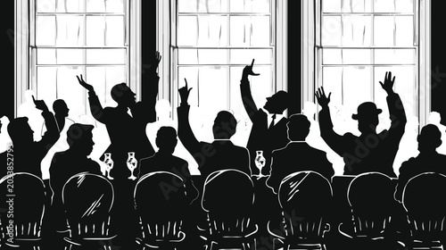 Tableau sur toile Business Conference Attendees Engaged in Dynamic Discussion with Hands Raised in