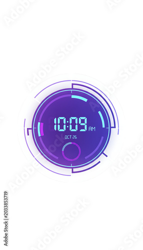 Digital clock interface with futuristic HUD elements displaying time and date