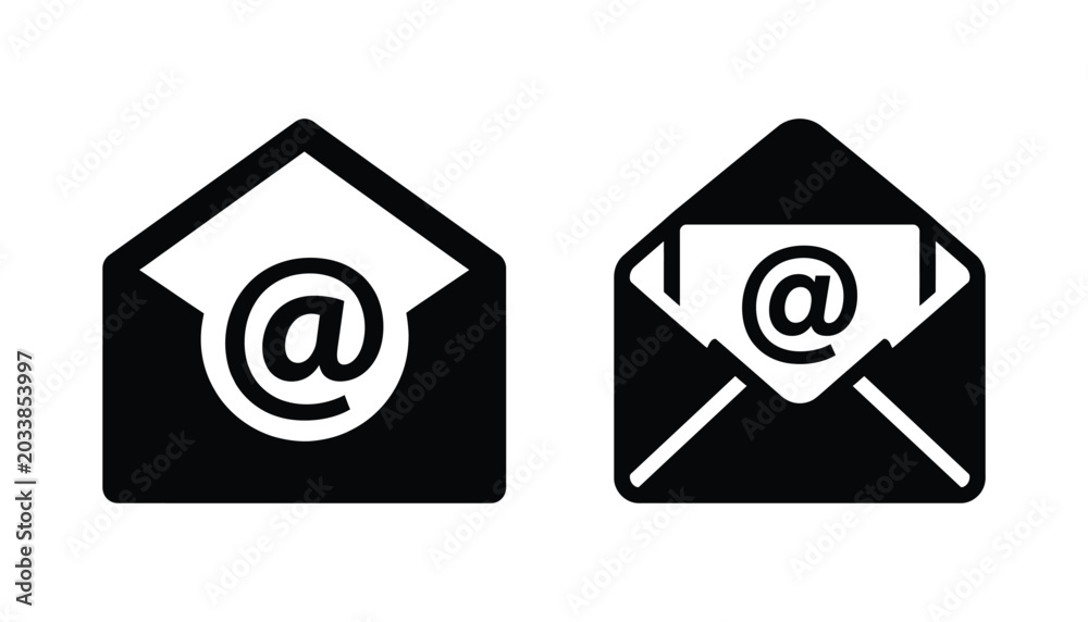 Obraz premium Two black envelopes with email symbols inside, open and closed mail icon designs for communication and digital correspondence.