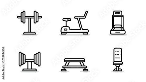 Foto Collection of Gym Equipment Including Weights, Treadmill, and Exercise Bike in F