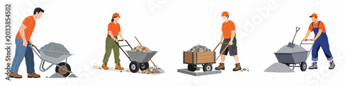 Photos Set of construction workers and laborers using wheelbarrows to transport gravel, stones, and sand, flat vector illustrations isolated on white background