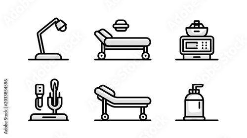Bild auf Leinwand Collection of Medical Equipment Including Lamp, Treatment Bed, Microwave and Exa