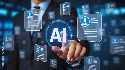Businessman interacting with AI interface and employee profile icons.