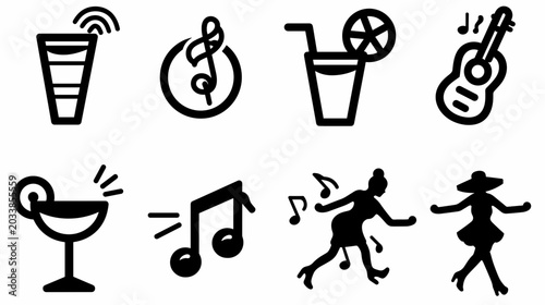 Принти на полотні Collection of Musical And Celebration Icons Featuring Drinks, Instruments, And D