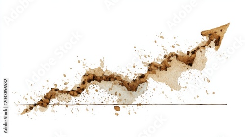 An upward trend graph illustrated by coffee splash forming an arrow. The graph represents growth and progress, with liquid stains scattered around the ascending line