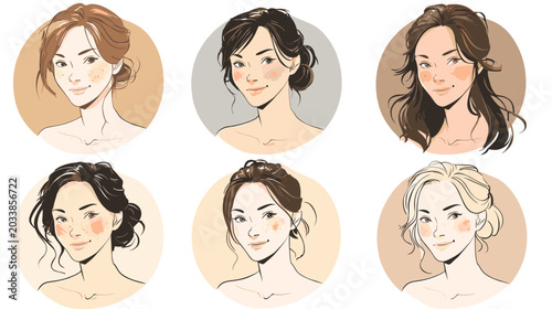 Schilderij op canvas Collection of Six Stylish Portrait Illustrations of Women with Diverse Hairstyle