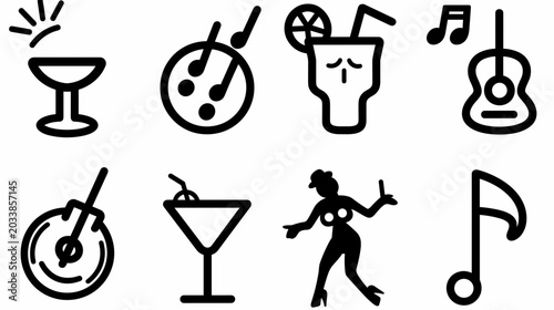 Collection of Various Cocktail Drinks and Musical Instruments on a White Background