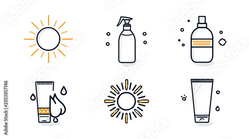 Foto Collection of Sunscreen Products with Sun Icons for Outdoor Protection and Skinc