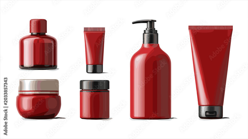 Obraz premium Collection of Various Red Cosmetic and Skincare Packaging Bottles and Jars on White Background