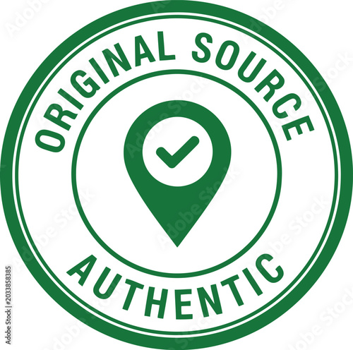 Φωτογραφία Original source authentic stamp emblem with location pin and check mark icon vector