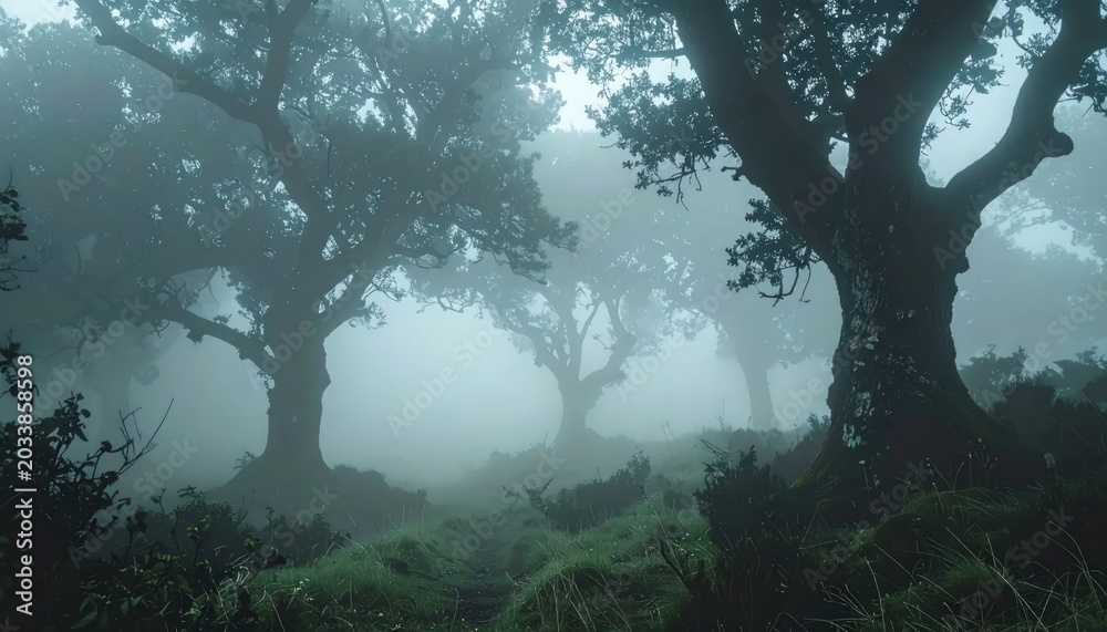 Fototapeta premium Misty Ancient Trees Standing in Dense Foggy Forest Landscape