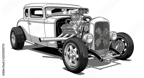 Vintage Hot Rod Car Drawing - Classic American Muscle Vehicle