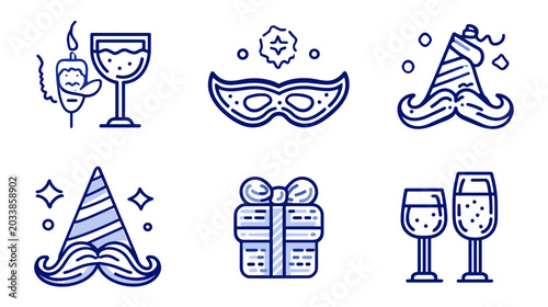 Konstfotografi Colorful Festive Icons Featuring Glasses, Cocktails, Party Hats, Masks, and Gift