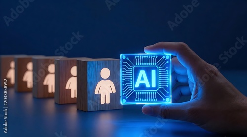 Hand holding glowing AI chip replacing human figure in line of wooden blocks, symbolizing automation and technological advancement